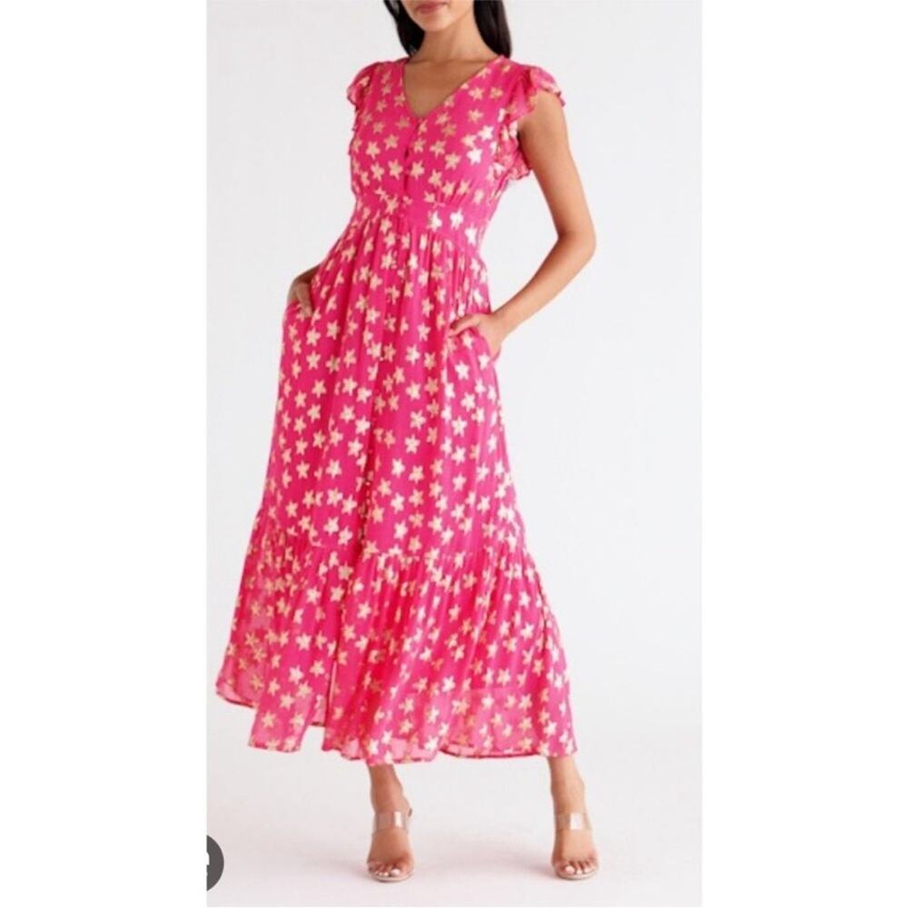 Ciebon Loxi bright pink gold metallic star button down ruffle maxi dress Small